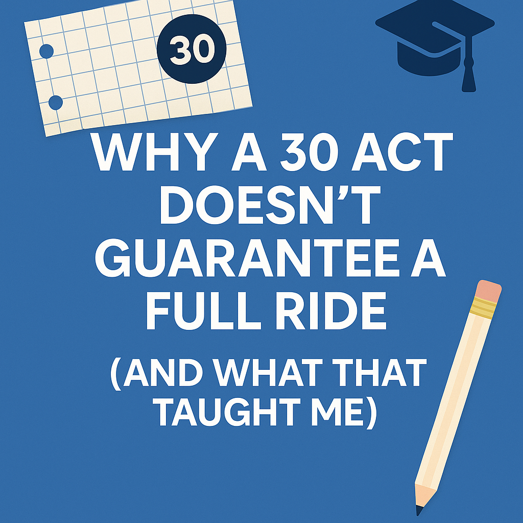 Graphic with text: Why a 30 ACT Doesn’t Guarantee a Full Ride (And What That Taught Me)