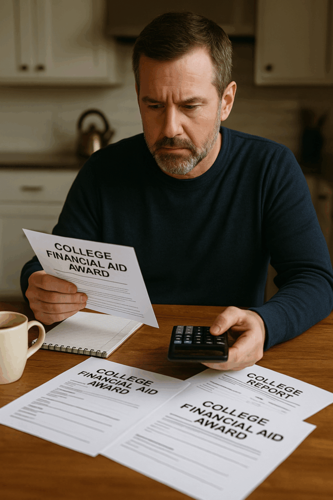 A middle-aged man sits at a kitchen table with a calculator, reviewing printed college financial aid award letters spread out in front of him. A coffee mug and notepad are nearby, creating a scene of focused decision-making.