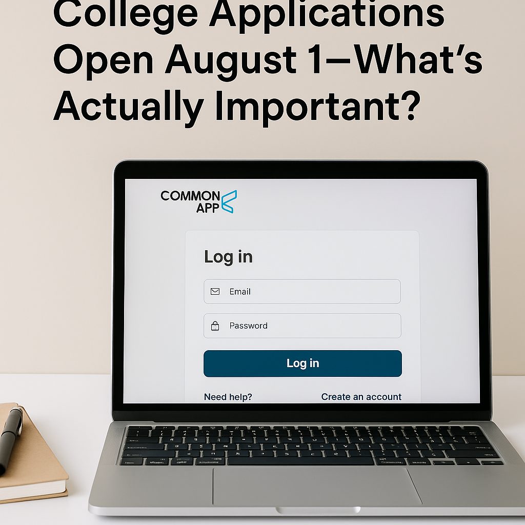 A digital photograph shows a laptop on a clean desk displaying the Common App login screen, with school supplies and a calendar in the background—symbolizing the start of the college application process.