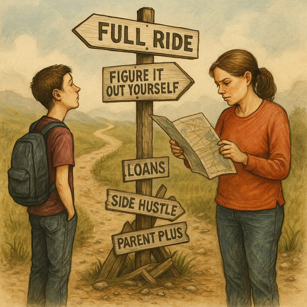 Parent and teenager standing at a confusing college aid crossroads, trying to navigate broken paths labeled loans and scholarships.