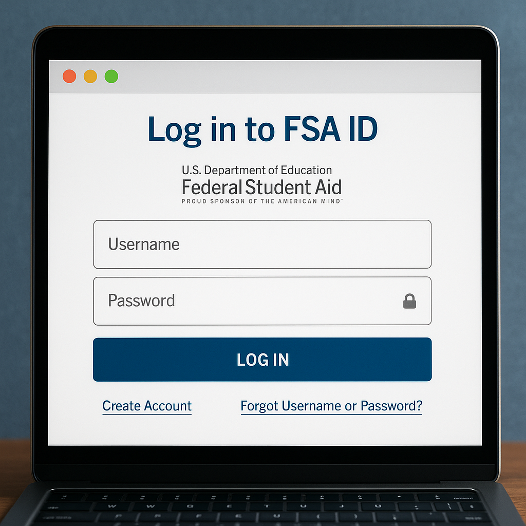 Federal Student Aid login screen displayed on a laptop with username and password fields in focus—representing the FSA ID login process