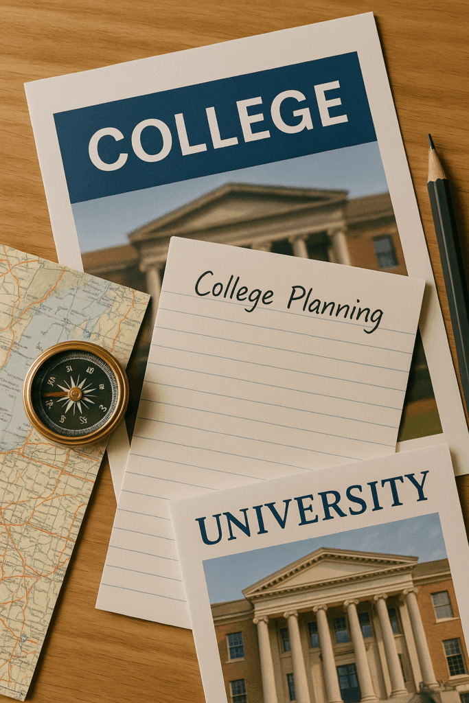 Flatlay of college planning materials on a wooden desk, including a “College” brochure, a map with a brass compass, a notepad labeled “College Planning,” and a sharpened pencil—symbolizing direction and preparation for first-generation college families.