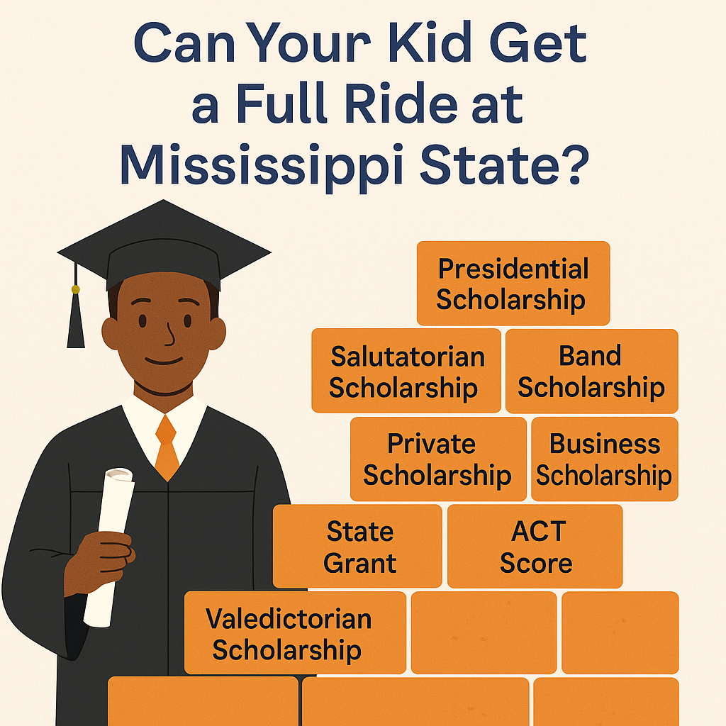 A digital illustration of a young African American woman placing labeled bricks—such as "ACT 30," "Valedictorian," "Band Scholarship," and "MTAG"—into a wall, symbolizing the process of stacking scholarships to build a full ride to college.