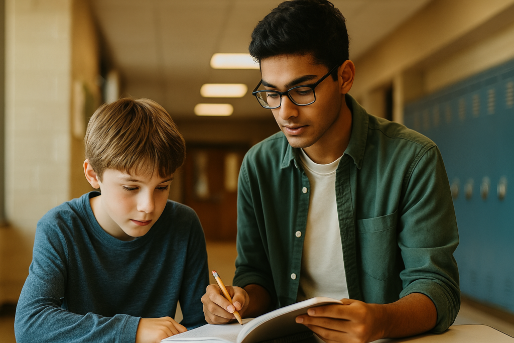 A teen mentoring a younger student or helping a co-worker, symbolizing leadership through action
