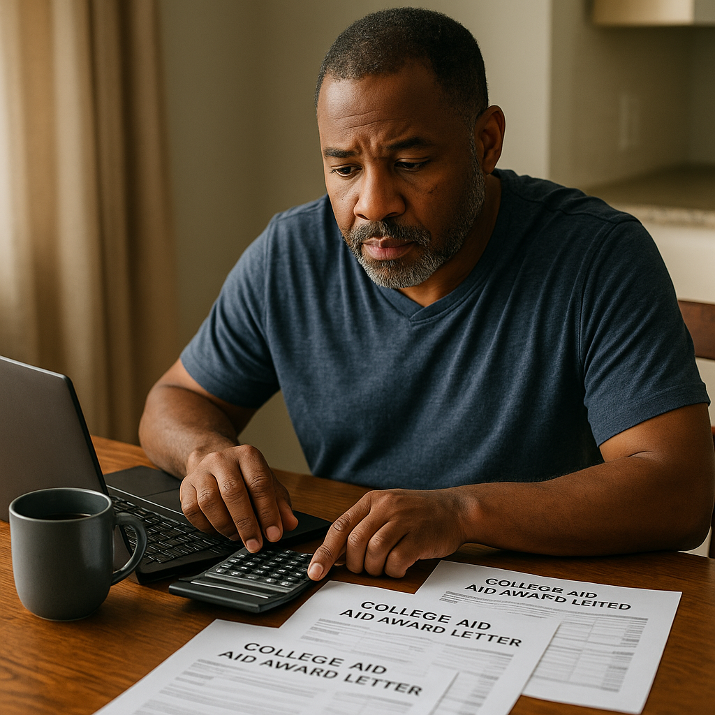 A middle-aged African American man sits at a kitchen table reviewing printed college financial aid letters, with a laptop, calculator, and coffee mug beside him. He appears focused and thoughtful, surrounded by paperwork in a warm, softly lit home environment.