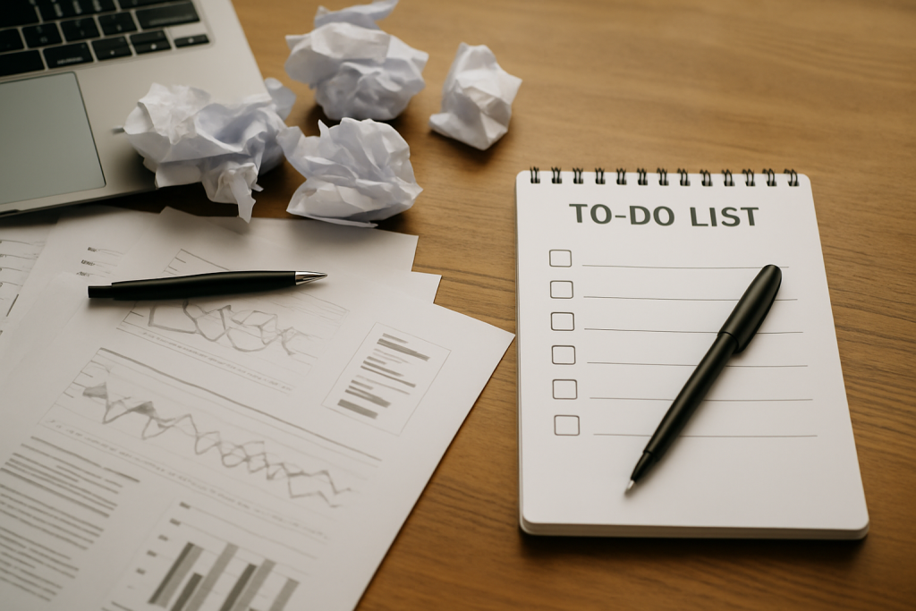 A cluttered desk with crumpled papers and scattered documents on one side, and a clean to-do list notepad with a pen on the other—showing the contrast between chaos and clarity