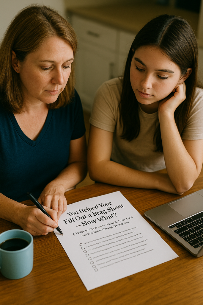 Parent and teenager reviewing a brag sheet together at the kitchen table.