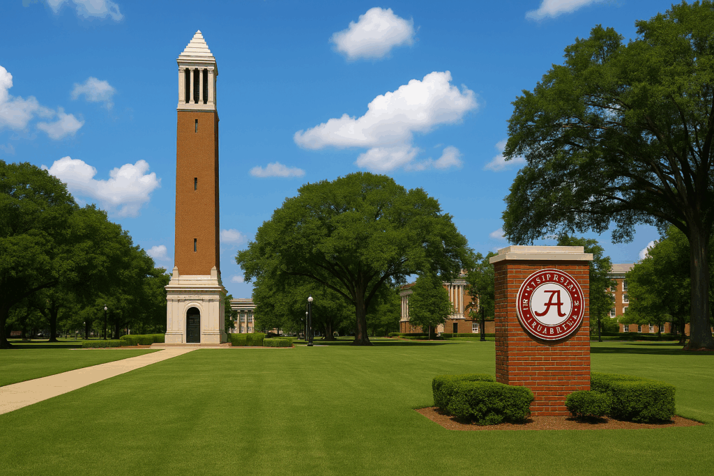 Denny Chimes tower and University of Alabama sign on a sunny day, with blue sky, green lawn, and campus buildings in the background—symbolizing pride in the Alabama campus.