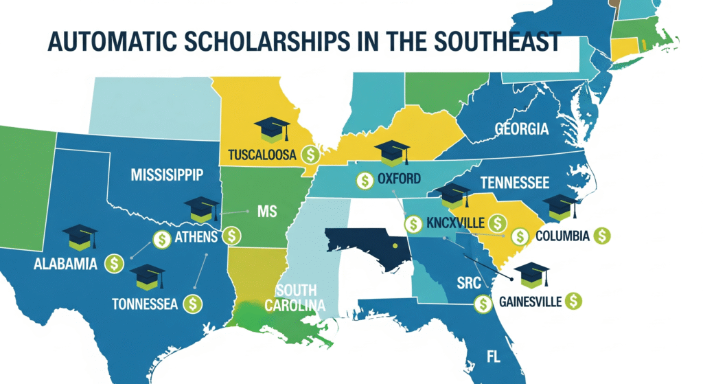 Automatic scholarships in the Southeast — infographic map with dollar pins on major college towns