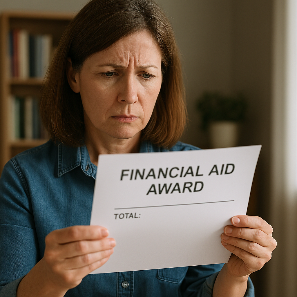 A middle-aged woman with shoulder-length brown hair looks concerned as she examines a financial aid award letter. The letter shows the words "FINANCIAL AID AWARD" and "TOTAL:" with no amount listed. She sits in a warmly lit home office with a bookshelf and plant in the background.