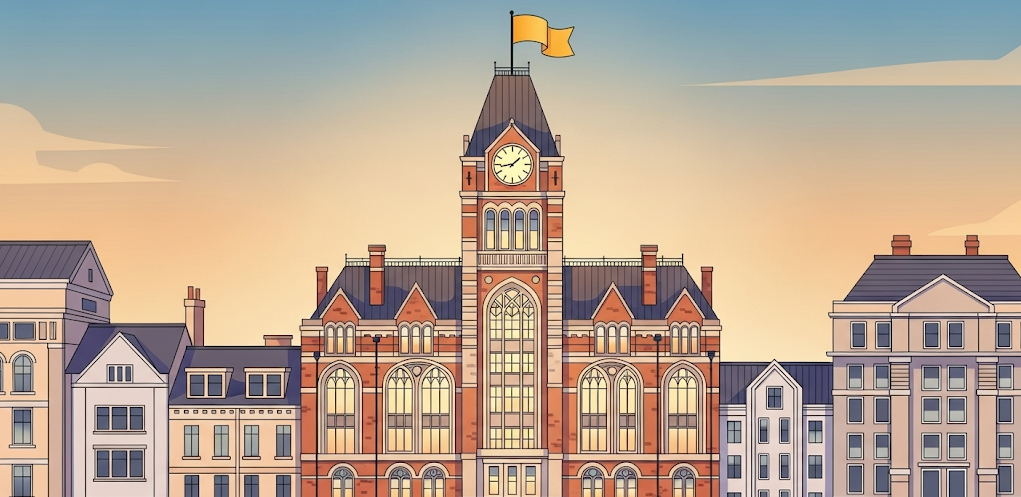 Illustration of a row of college buildings with one prominent structure standing out to symbolize a flagship university