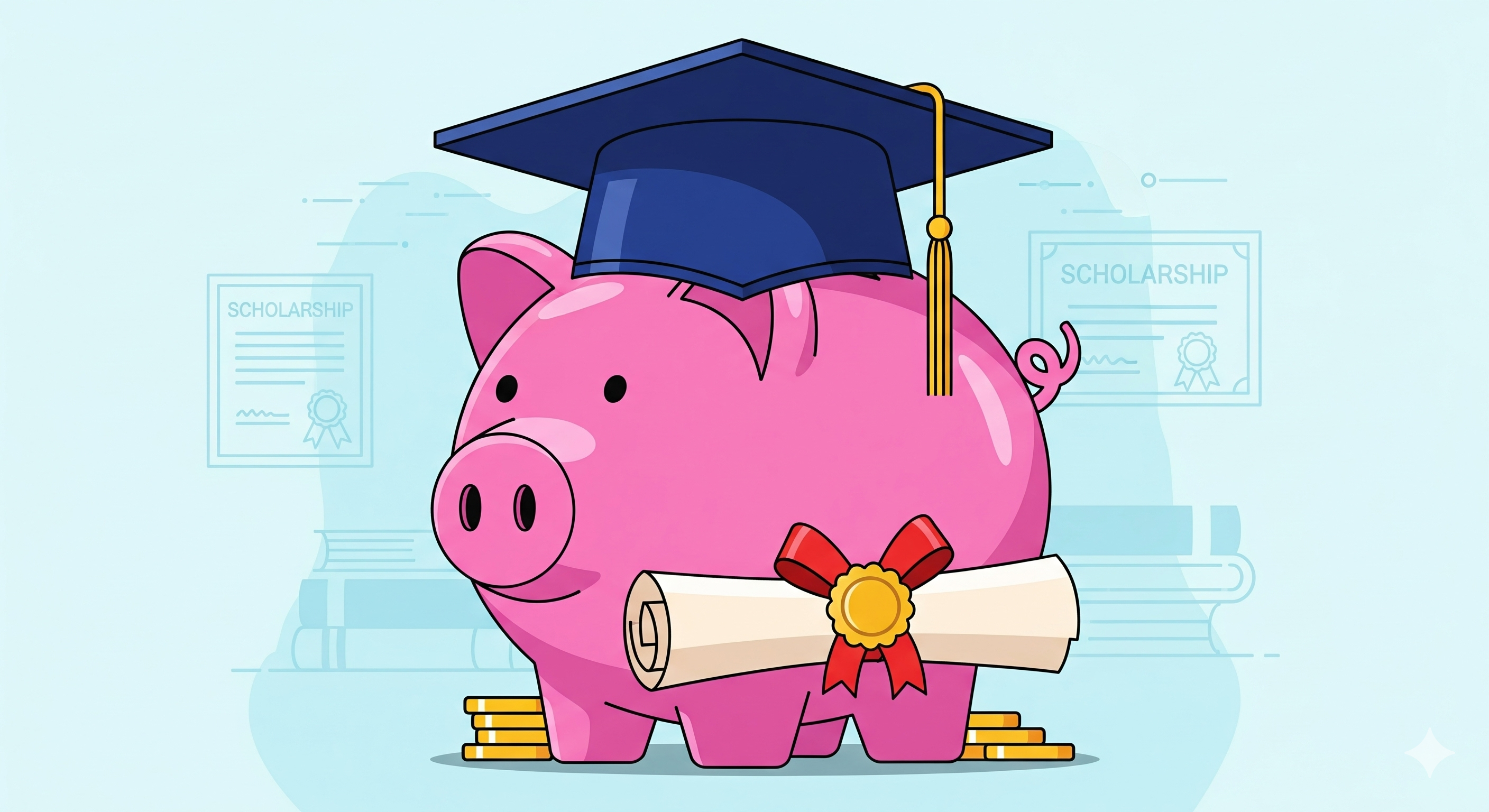Piggy bank wearing a graduation cap symbolizing automatic merit scholarships