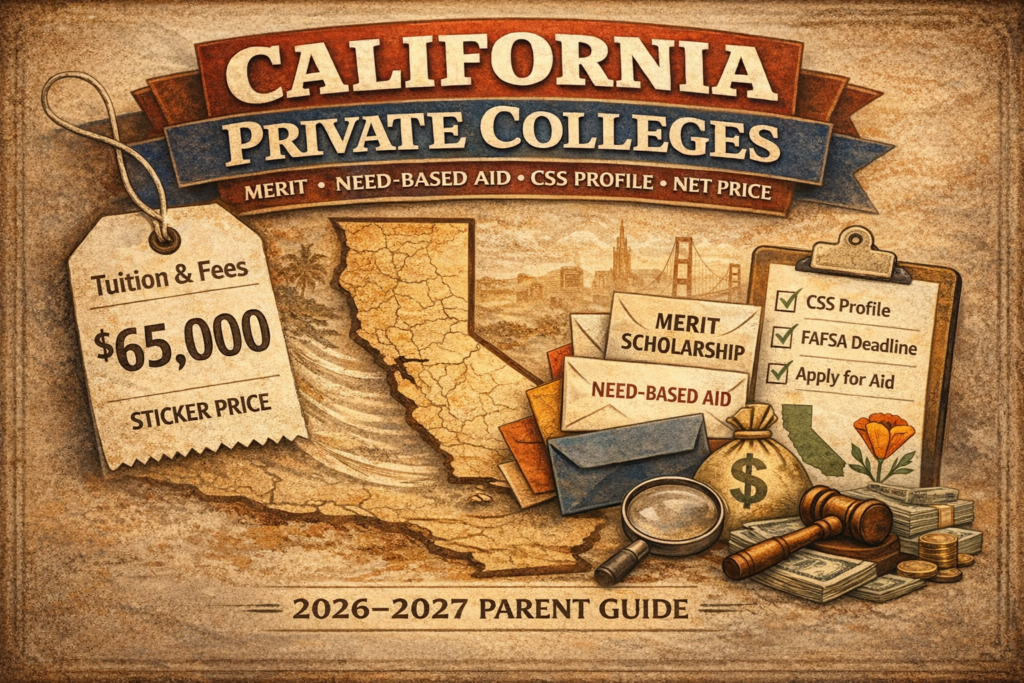 Illustration showing a price tag turning into scholarship envelopes and a checklist, representing California private college financial aid, merit scholarships, CSS Profile, and net price.