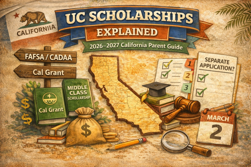 California map with checklist-style icons for UC scholarships and financial aid (FAFSA/CADAA, Cal Grant, Middle Class Scholarship, priority deadlines)