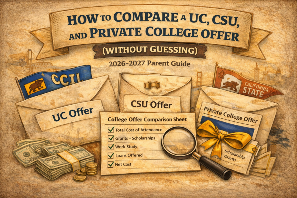 Vintage-style illustration showing three envelopes labeled “UC Offer,” “CSU Offer,” and “Private College Offer” beside a “College Offer Comparison Sheet” checklist, money stacks, and a magnifying glass — “How to Compare a UC, CSU, and Private College Offer (Without Guessing), 2026–2027 Parent Guide.”