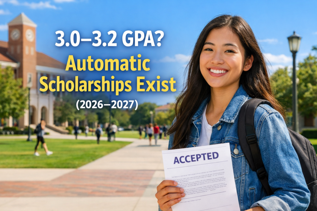 College student holding an acceptance letter on campus with text overlay “3.0–3.2 GPA? Automatic Scholarships Exist (2026–2027)
