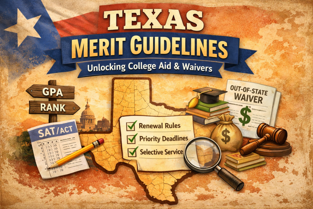 Texas merit scholarship guidelines graphic showing GPA, rank, SAT/ACT, renewal rules, and out-of-state tuition waiver concepts for 2026–2027
