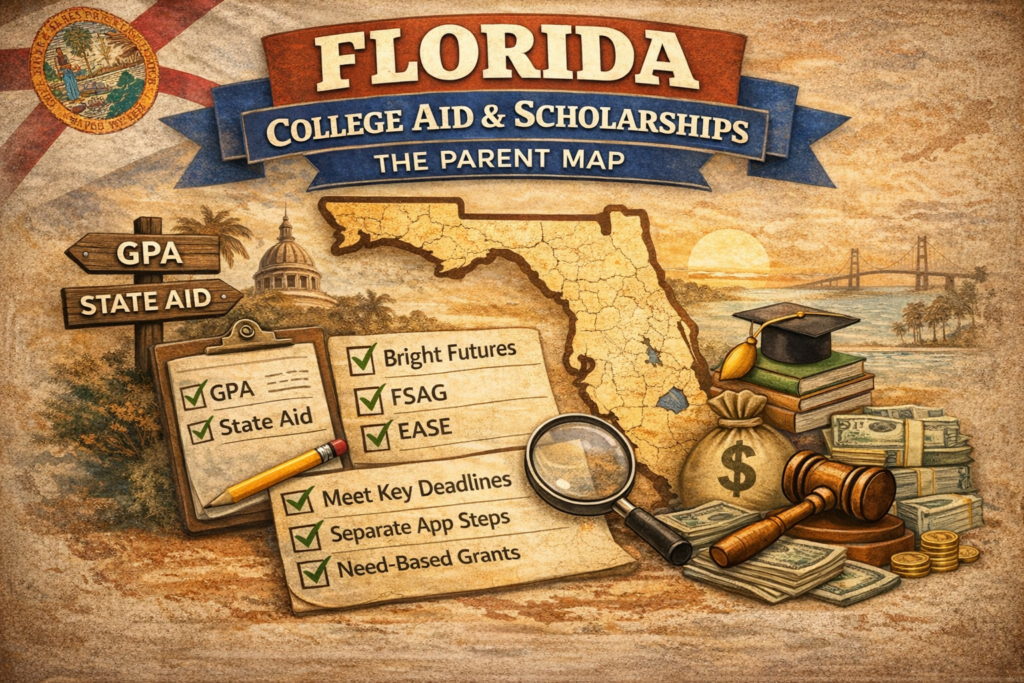 Florida College Aid & Scholarships: The Parent Map (2026–2027) featured image with Florida map, checklist items (Bright Futures, FSAG, EASE), and scholarship icons.