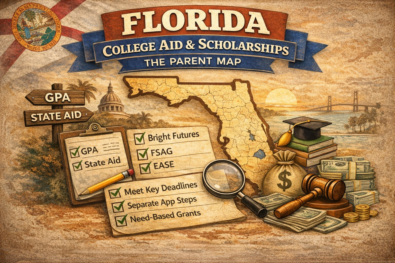 Florida College Aid Series Part 1 graphic showing Florida map and a parent-focused college aid and scholarship roadmap.