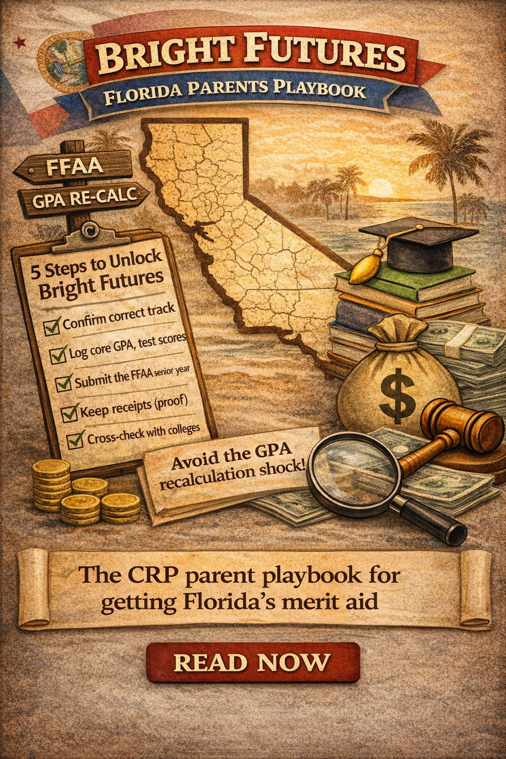 Bright Futures Florida Parents Playbook graphic showing Florida map, FFAA step checklist, GPA recalculation reminder, graduation cap, and money symbols.