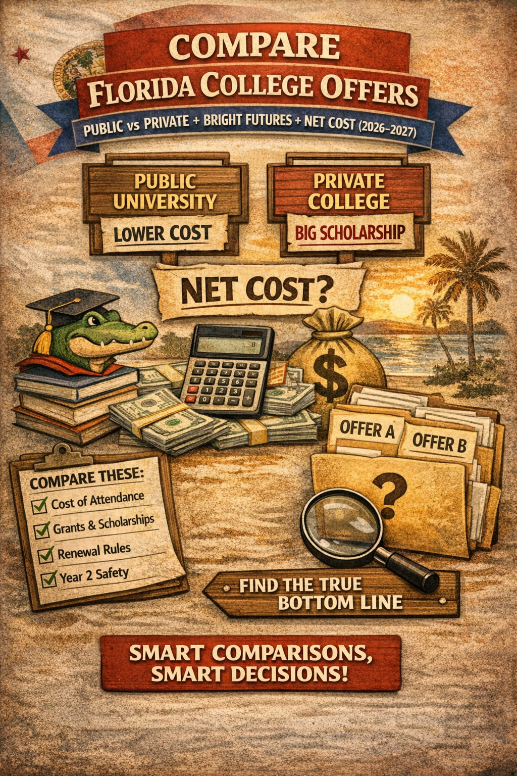 Illustrated Florida “Compare College Offers” graphic showing public vs private signs, a “Net Cost?” banner, calculator and money icons, a checklist (COA, grants/scholarships, renewal rules, year 2 safety), and offer folders labeled A and B on a beachy Florida background..