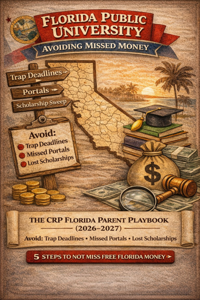 Florida public university scholarships parent guide graphic showing Florida map, scholarship checklist, and money icons.