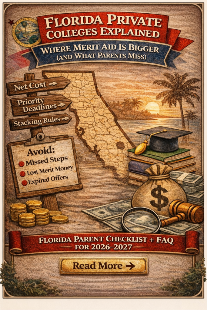 Illustration showing Florida private college scholarships with map of Florida, graduation cap, money bag, and signs for net cost, priority deadlines, and stacking rules.