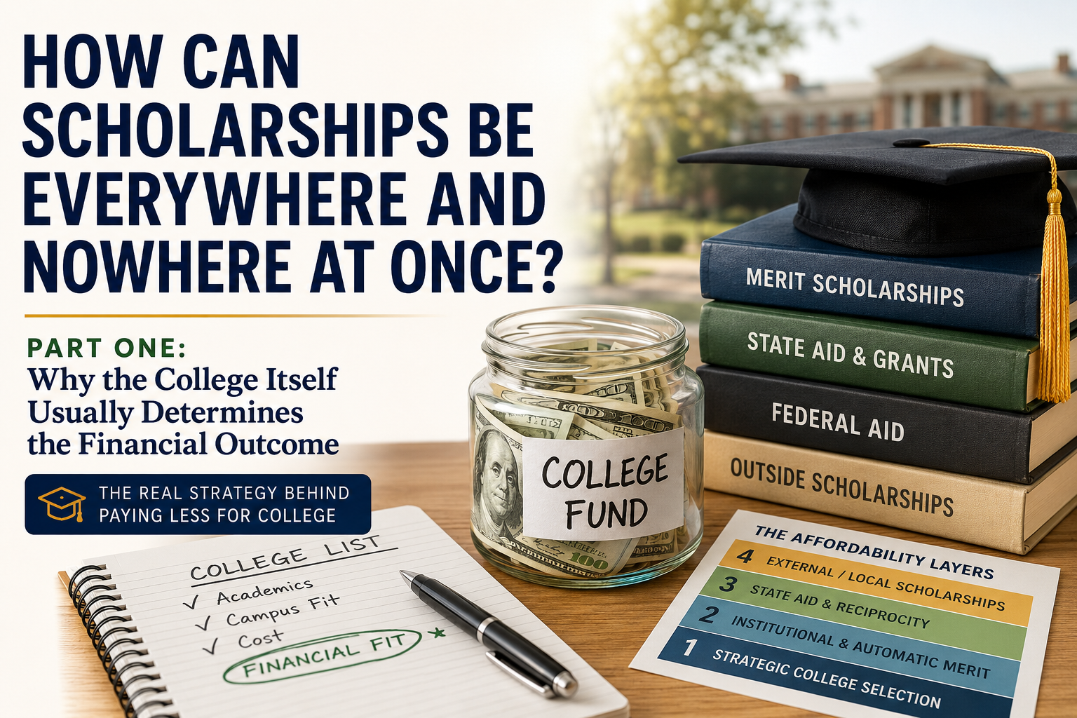 How can scholarships be everywhere and nowhere at once, Part One college scholarship strategy infographic
